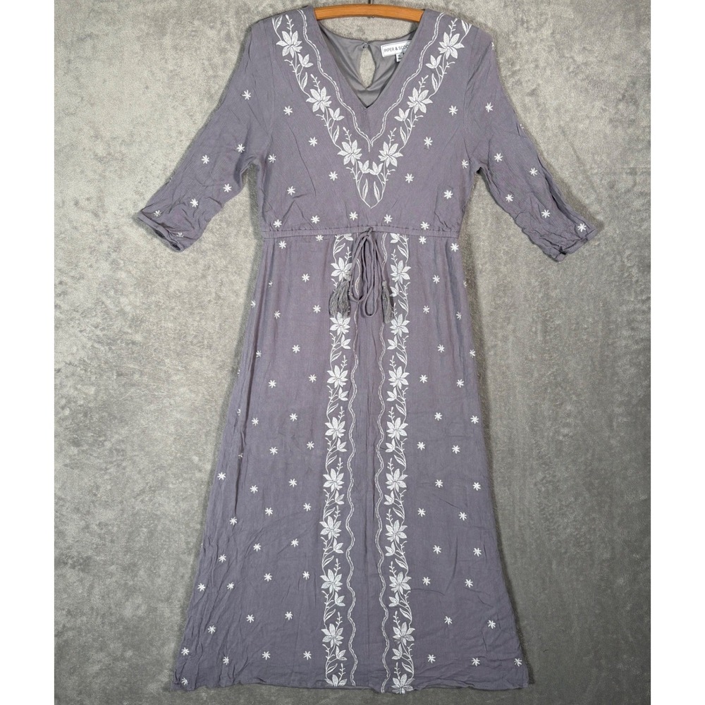Piper‎ & Scoot Purple Floral Embroidered Midi Dress XL Boho V-Neck Tassel Tie